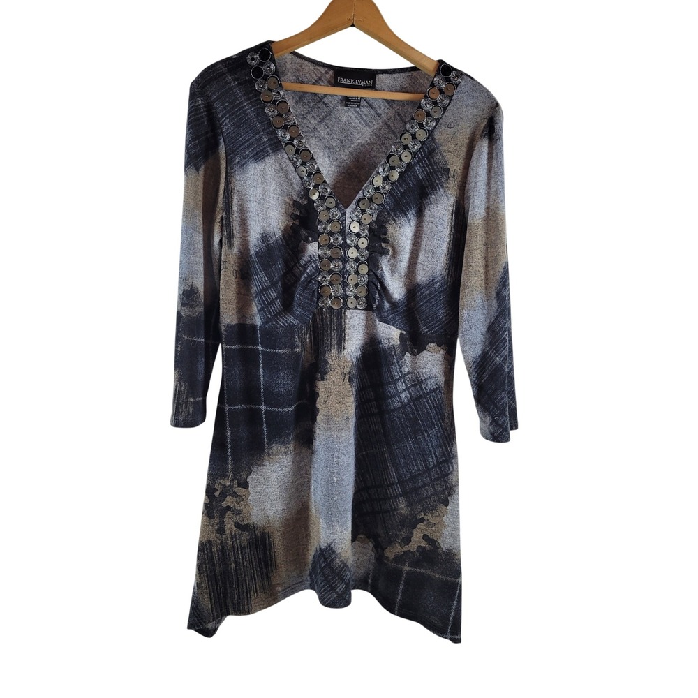 Frank Lyman Tunic Top Womens 12 Grey Excellent Sequin V-Neck 3/4 Sleeve Abstract